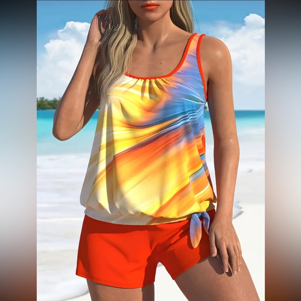 NEW 2 Piece Swim Tankini Set, yellow sunset #SW-T2-0034